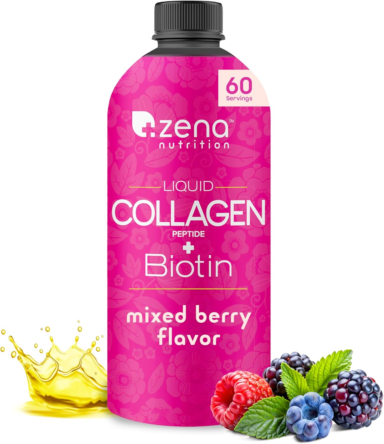 Zena Nutrition Liquid Collagen for Women & Men (Type 1 & 2) & 5000mcg Biotin, 2500mg Verisol Bioactive Collagen Peptides, Hair, Skin, Nail Supplement, Mixed Berry, 60 Servings, 20.3 fl oz