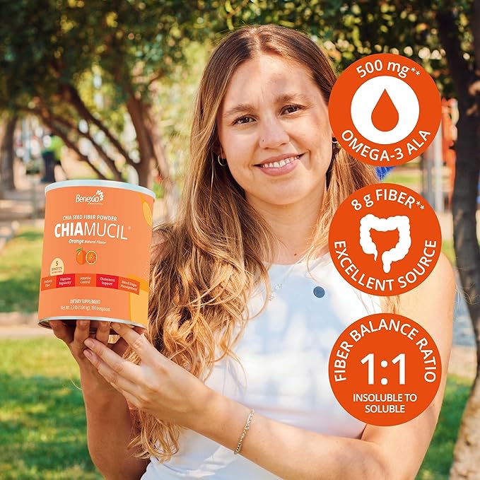 Chiamucil Prebiotic Fiber Supplement Powder – Chia Fiber & Chicory Root (Inulin) for Digestive Health & Appetite Control – Gluten & Sugar Free, Vegan, Non-GMO, Orange - 80 Servings