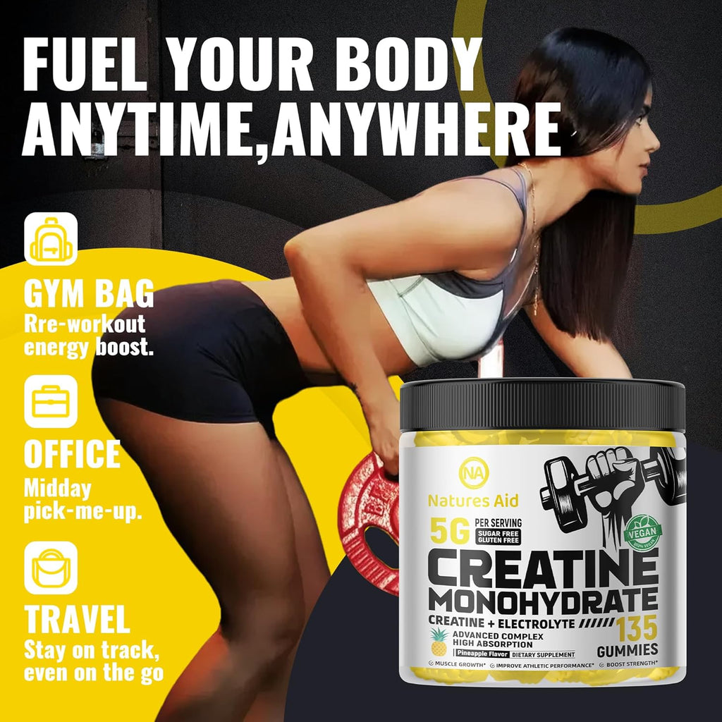 Creatine Monohydrate Gummies (5g) – Pre-Workout Energy & Muscle Growth Support for Men & Women | Orange Electrolyte Gummies (135 Count)