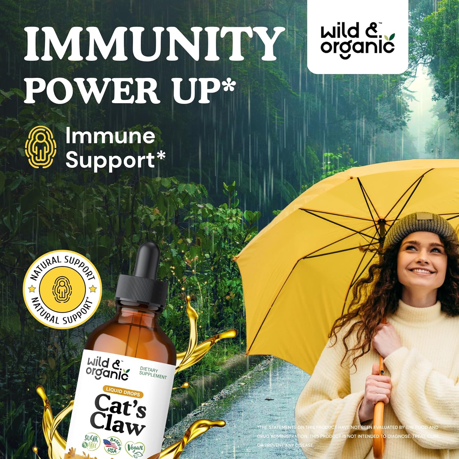 Wild & Organic Cats Claw Tincture - Immune Support Supplement - Cats Claw Herb Liquid Extract - Vegan, Sugar & Alcohol-Free Bark Based Drops - 4 fl oz