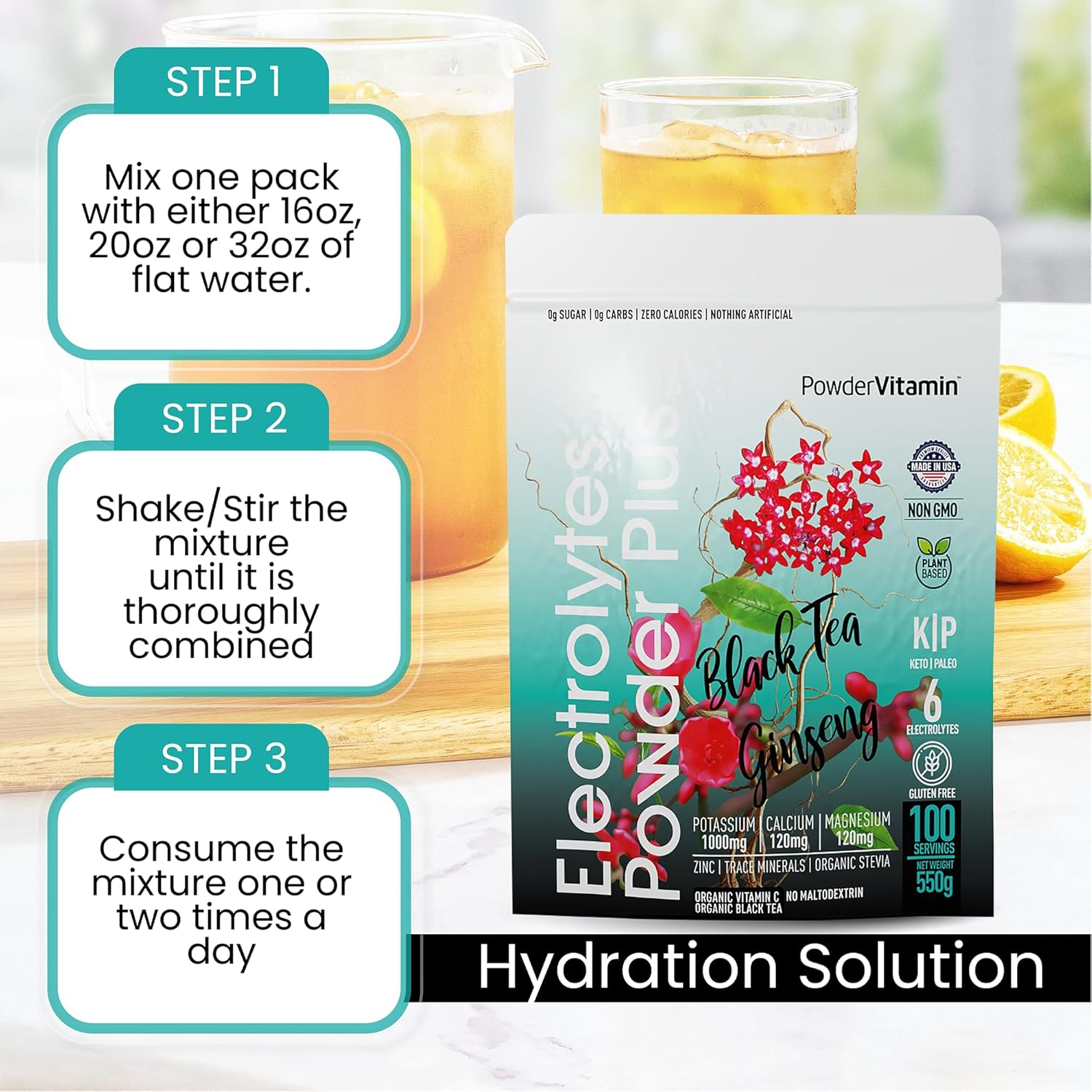 PowderVitamin Electrolytes Powder Plus (100 Servings) Black Tea Ginseng Electrolyte Powder Keto, Sugar Free, Pink Himalayan Salt,1000mg Potassium,150mg Calcium,150mg Magnesium, Hydration Powder