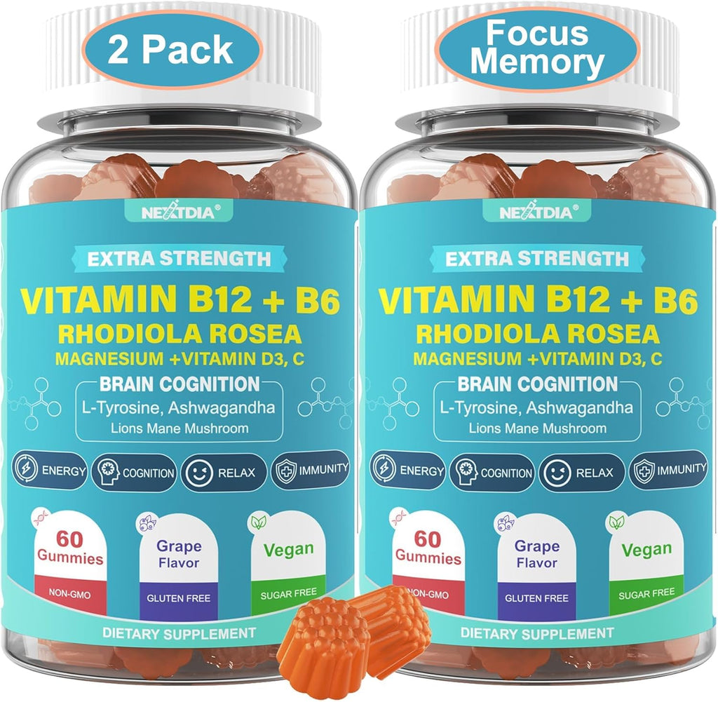 Focus Memory & Energy Gummies, L-Tyrosine + Methyl B12 1000mcg, B6 50mg, D3 C, Lion's Mane Mushroom, for 15+ Students, Office Worker, Multivitamin, Herb Blend for Seniors Brain & Cognition, Sugar Free