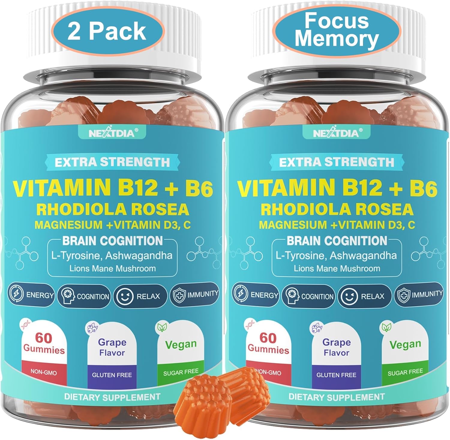 Focus Memory & Energy Gummies, L-Tyrosine + Methyl B12 1000mcg, B6 50mg, D3 C, Lion's Mane Mushroom, for 15+ Students, Office Worker, Multivitamin, Herb Blend for Seniors Brain & Cognition, Sugar Free