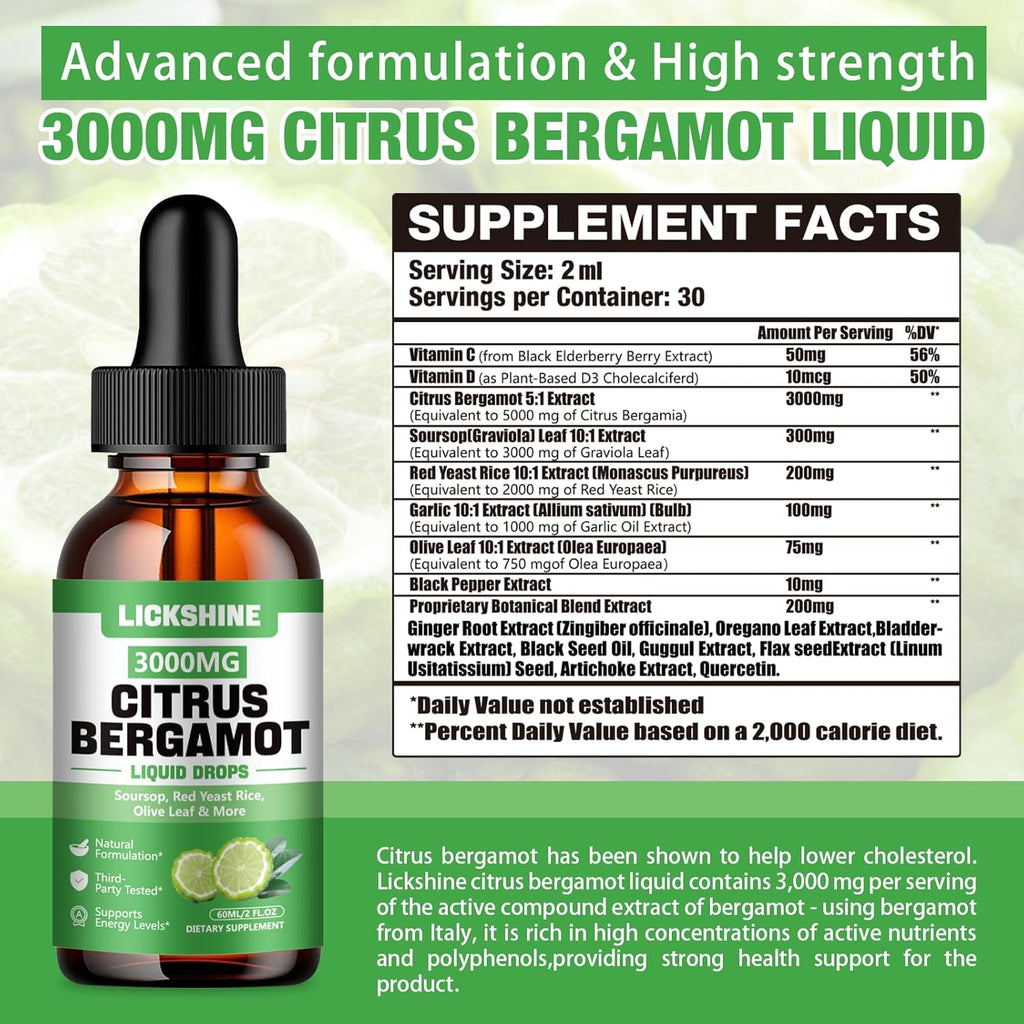 2 Pack 3000mg Citrus Bergamot Liquid Drops - High Absorption - Cholesterol Lowering Supplement for Immune Support Anti-Aging, Hight Cholesterol - Soursop Bitters Liquid, 4 Fl Oz