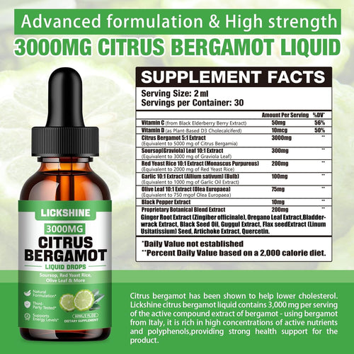 2 Pack 3000mg Citrus Bergamot Liquid Drops - High Absorption - Cholesterol Lowering Supplement for Immune Support Anti-Aging, Hight Cholesterol - Soursop Bitters Liquid, 4 Fl Oz