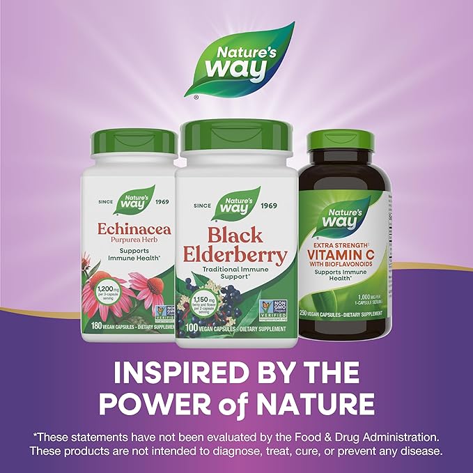 Nature's Way Black Elderberry Capsules, Traditional Immune Support* Supplement with Elderberry and Elderflower, Plant Powered, 100 Capsules (Packaging May Vary)