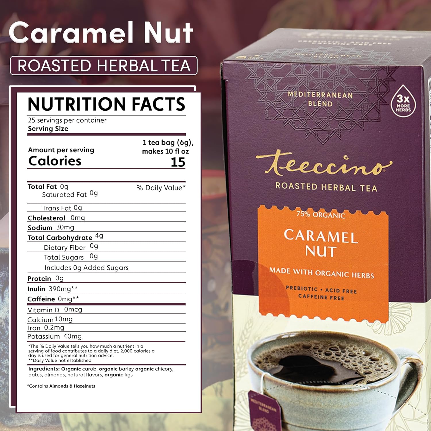 Teeccino Caramel Nut Herbal Tea - Rich & Roasted Herbal Tea That’s Caffeine Free & Prebiotic for Natural Energy, Coffee Alternative, 25 Count