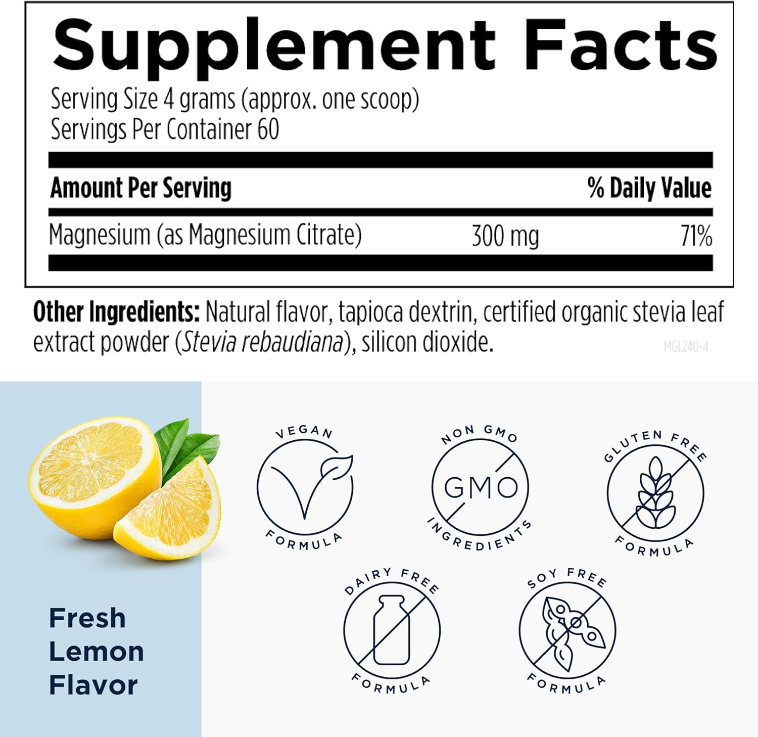 Designs for Health MagCitrate Powder - 300mg Powdered Magnesium Citrate to Support Calm + Regularity - Non-GMO, Gluten Free Delicious Drink Mix Add-in, Lemon Flavor (60 Servings / 240g)