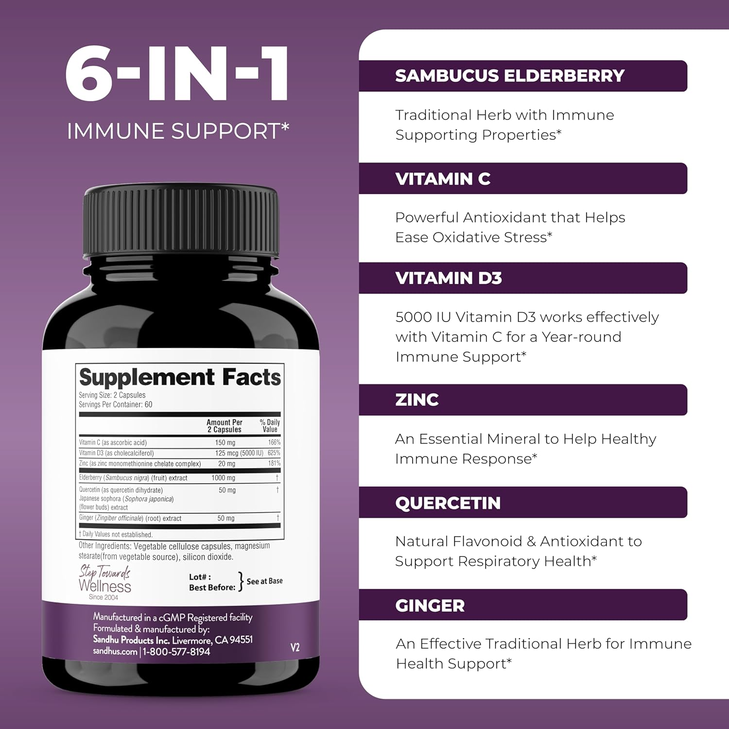 Sandhu's Elderberry Vitamin C Vitamin D3 with Zinc & Quercetin | Capsules for Men & Women | Supports Immune Health | 120 Count (Pack of 3)