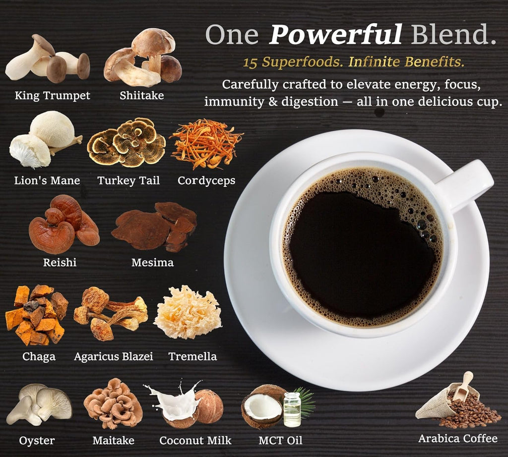 DLNIA Organic Mushroom Coffee with 12 Adaptogenic Mushrooms, Arabica Beans, Coconut Milk & MCT Oil | Cordyceps, Lion’s Mane & Turkey Tail Instant Coffee for Better Energy, Focus, Digestion, Immunity