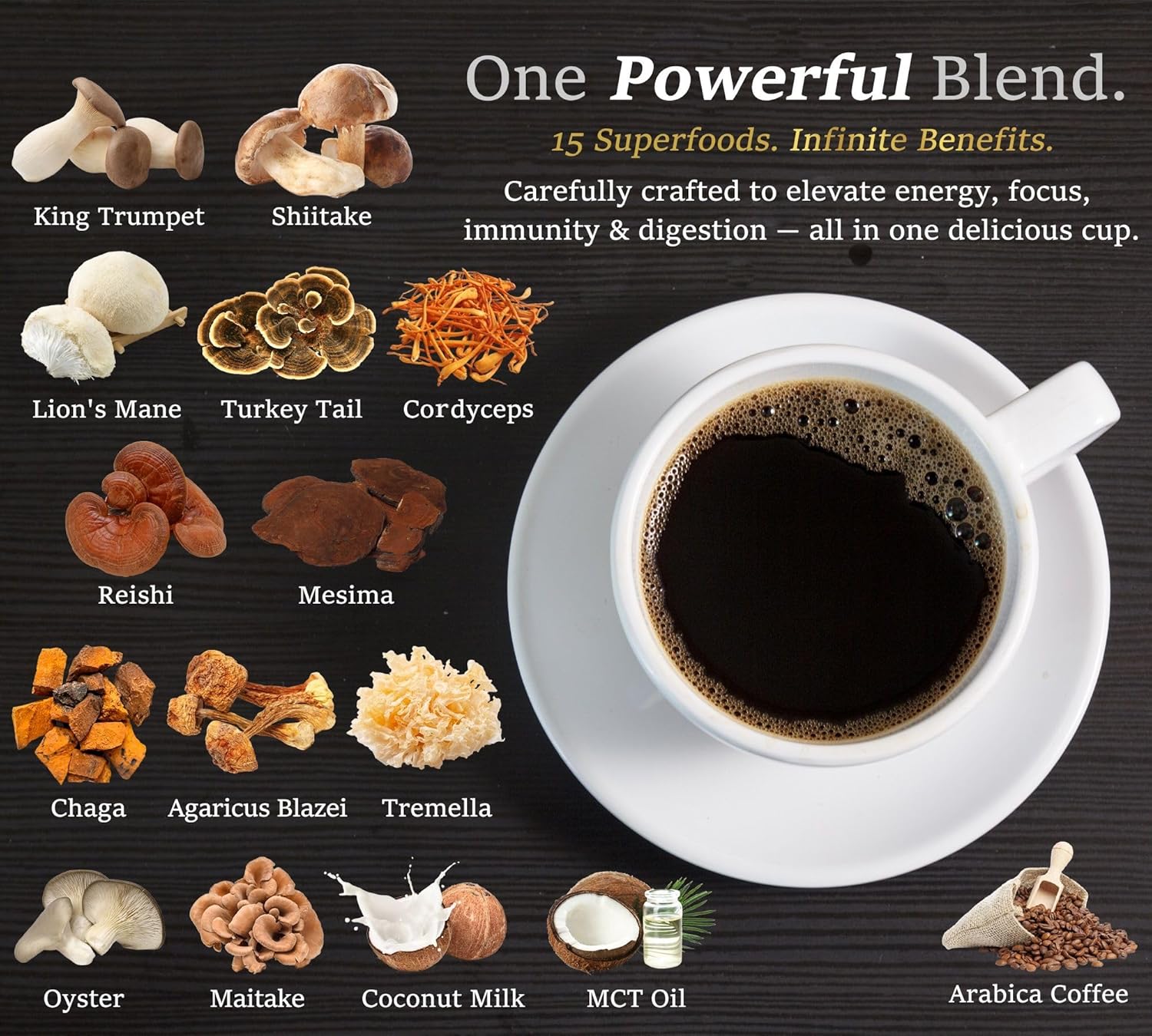 DLNIA Organic Mushroom Coffee with 12 Adaptogenic Mushrooms, Arabica Beans, Coconut Milk & MCT Oil | Cordyceps, Lion’s Mane & Turkey Tail Instant Coffee for Better Energy, Focus, Digestion, Immunity