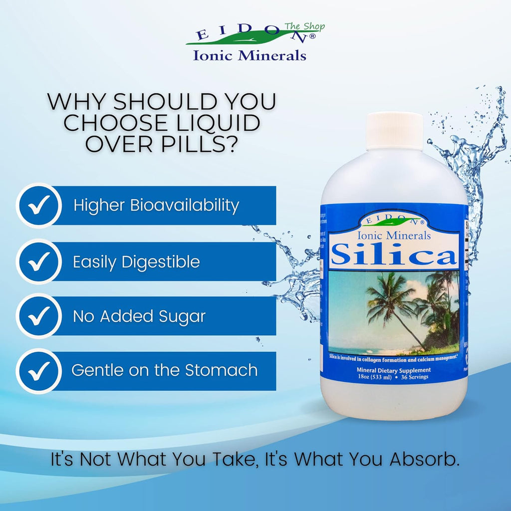 Eidon Ionic Minerals Liquid Silica Mineral Concentrate - Silica Supplement for Hair, Skin and Nails, Silica Drops to Support Collagen Production, Joint and Bone Health, Helps Manage Calcium - 18 oz