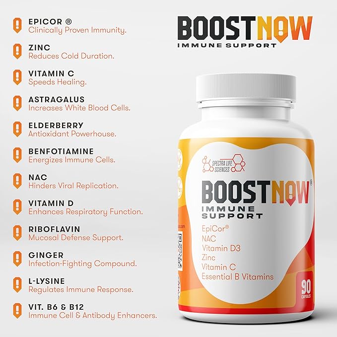 BoostNow Immune Support Capsules, 14-in-1 Formula with EpiCor 500mg, Zinc, Vitamin C, D-3, Elderberry & More - 90 Count