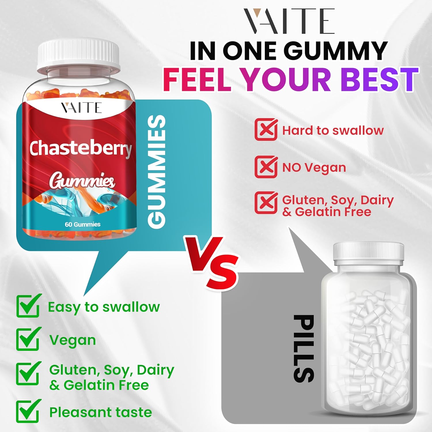 Chasteberry Supplement for Women Gummies - Vegan Chewable Supplements for Balance Women's Hormone Support, Herbal Plant-Based Chews, Gelatin-Free, Non-GMO, Gluten-Free, 60 Vegan Chewables