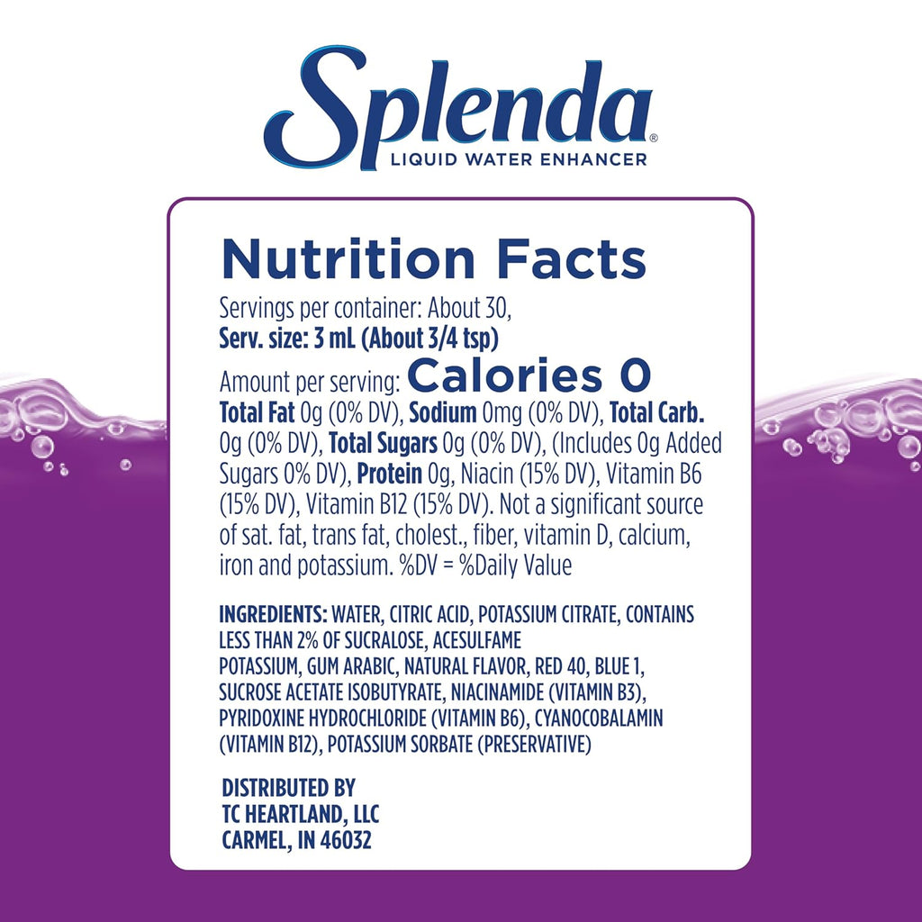 SPLENDA Liquid Water Enhancer Drops, Sugar Free, Zero Calorie, Natural Flavor, Concentrated Drink Mix, 3.11 Fl Oz Each Bottle (Grape, 1 Pack)