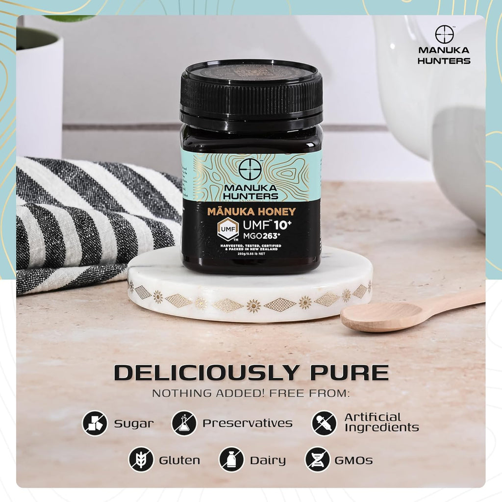 Manuka Hunters UMF 10+/MGO 263+ Certified New Zealand Manuka Honey - 100% Pure Natural Sweetener - Gluten, Dairy Free - Ideal for Tea, Coffee, Smoothies, and Baking - Sustainable - 8.8oz/250g Jar