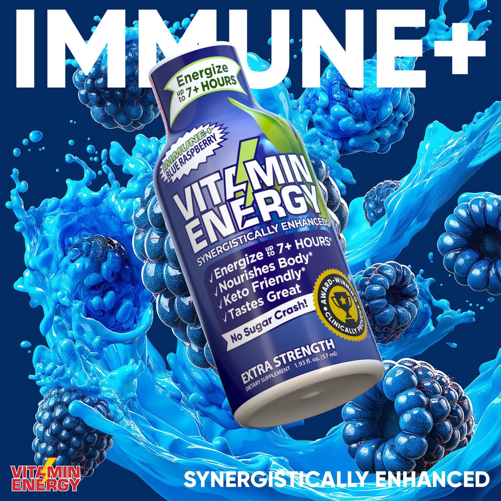 Vitamin Energy Immune+ Extra Strength Energy Shot Blue Raspberry 8 Pack, 260mg Natural Caffeine, B-Vitamins, Citicoline, Green Tea, Immunity & Focus Support, Zero Sugar, Gluten-Free 1.93 fl oz