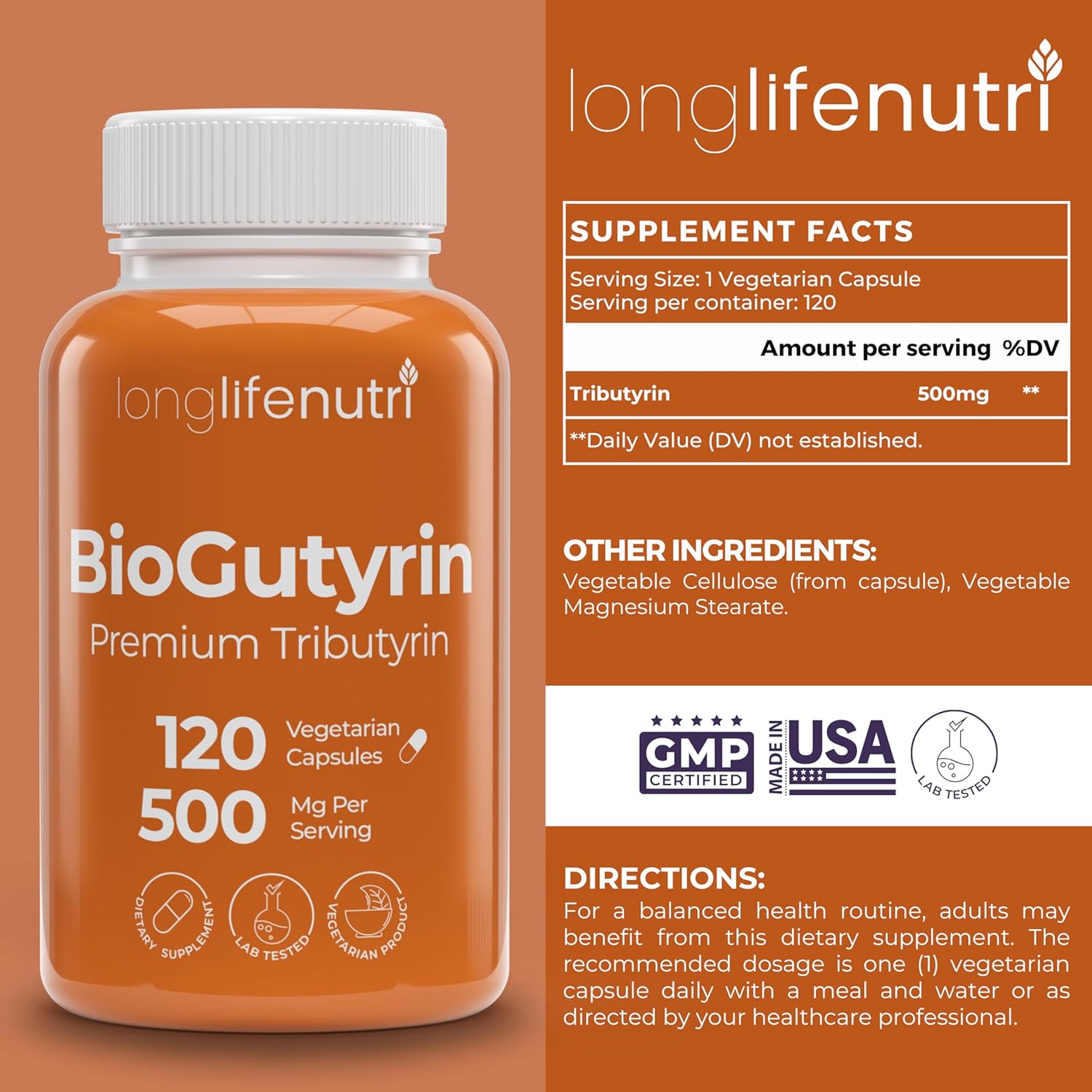 BioGutyrin – Tributyrin 500mg, Postbiotic Supplement for Gut Function & Nutrient Absorption, 120 Vegetarian Capsules, Butyric Acid for Butyrate Production, 4-Month Supply, GMP Certified, Made in USA