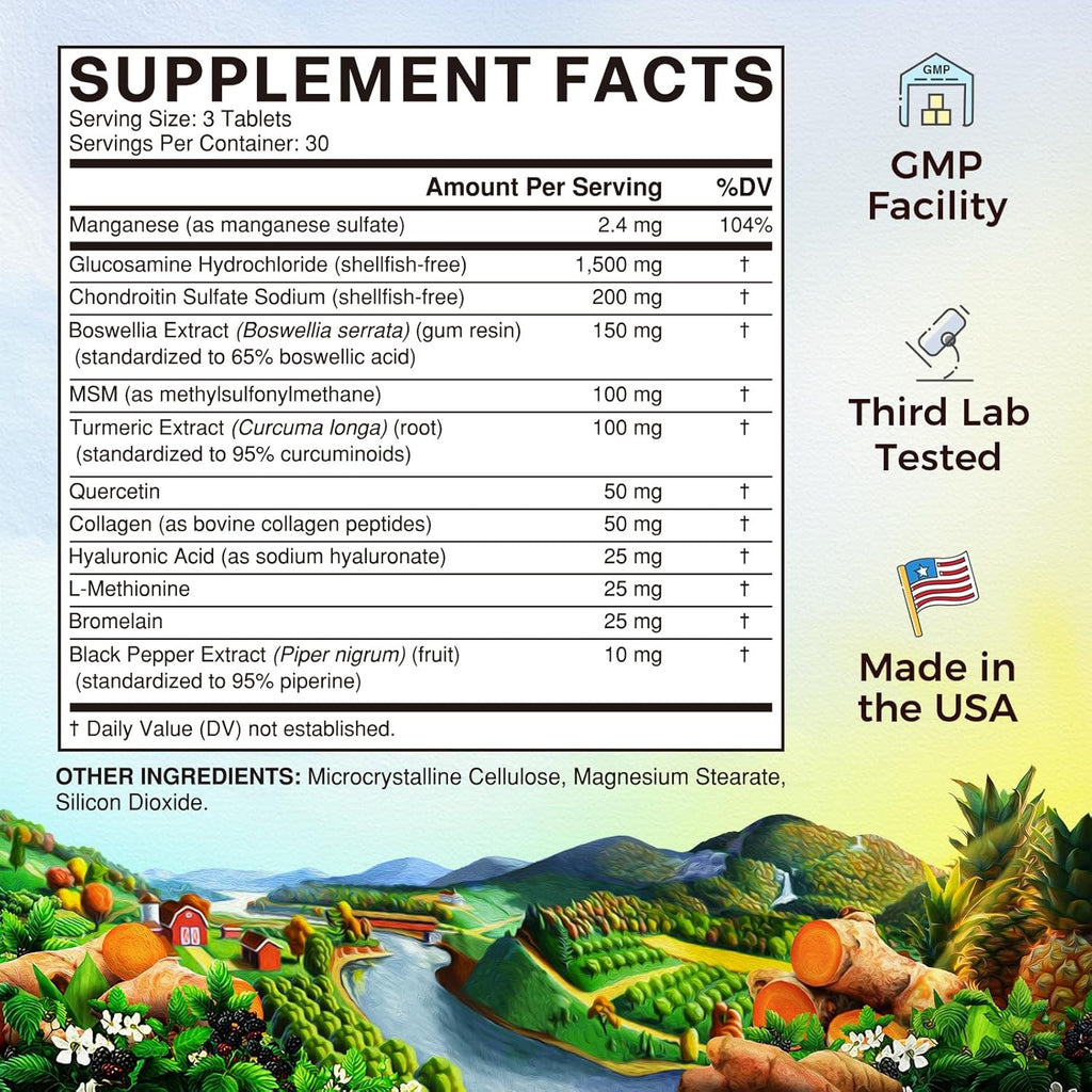 Vitalitown Glucosamine Chondroitin MSM | Collagen, Boswellia, Turmeric, Hyaluronic Acid, Bromelain | Triple Action+ Formula | 12 Move-Freely Ingredients | 90 Tablets, No Shellfish