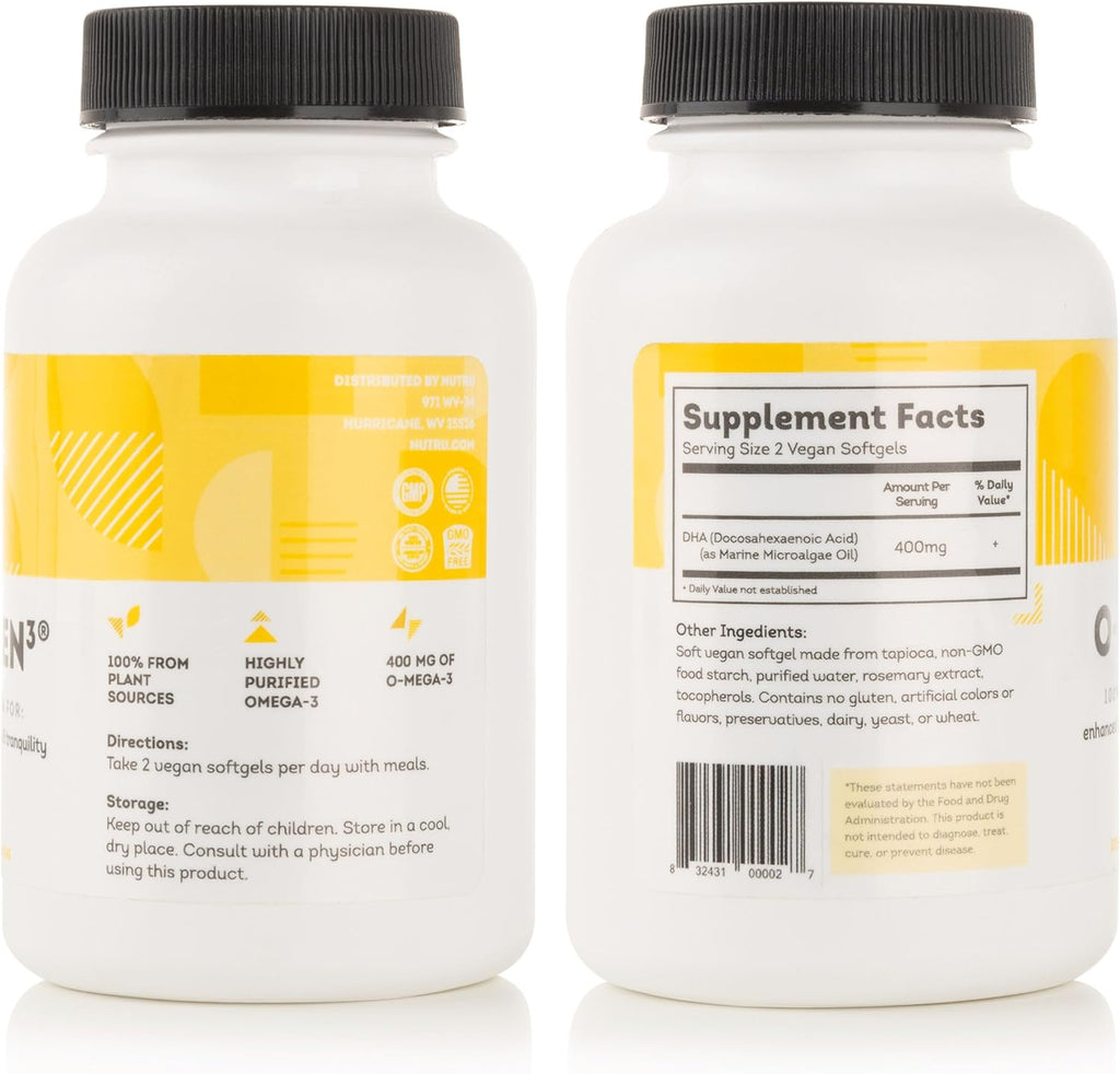 O-Mega-Zen3 Vegan Omega 3 DHA Supplement - 400 mg DHA Essential Fatty Acids - Carrageenan Free - Premium Algal Based Fish Oil Alternative Supplement - 120 Softgels