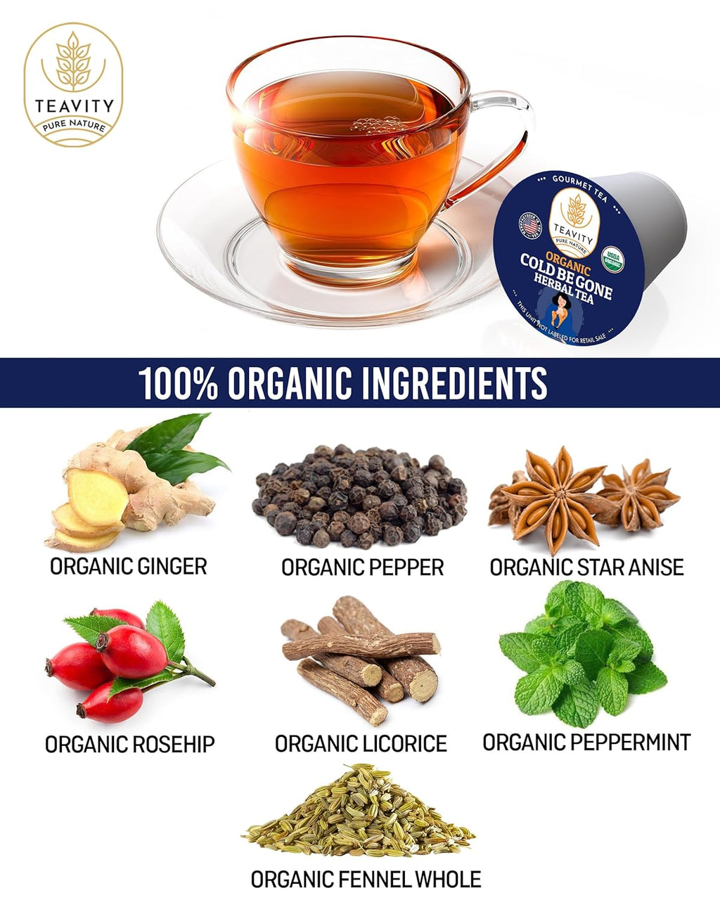 Organic Rooibos Tea Pods for Keurig with Lemon, Mint, Licorice - Unsweetened Decaf Tea for K Cup Brewing - Cold Be Gone by Teavity (24 Tea Pods)