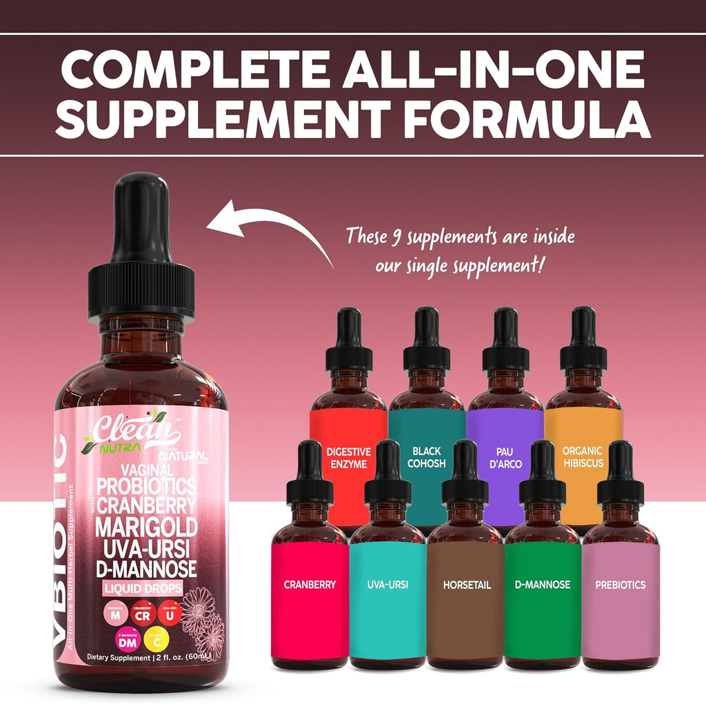 Clean Nutraceuticals VBiotic Vaginal Probiotic for Women Liquid Drops | Cranberry Uva Ursi Horsetail D-Mannose Prebiotics Marigold & Black Cohosh Vaginal Health Supplement | pH Balance