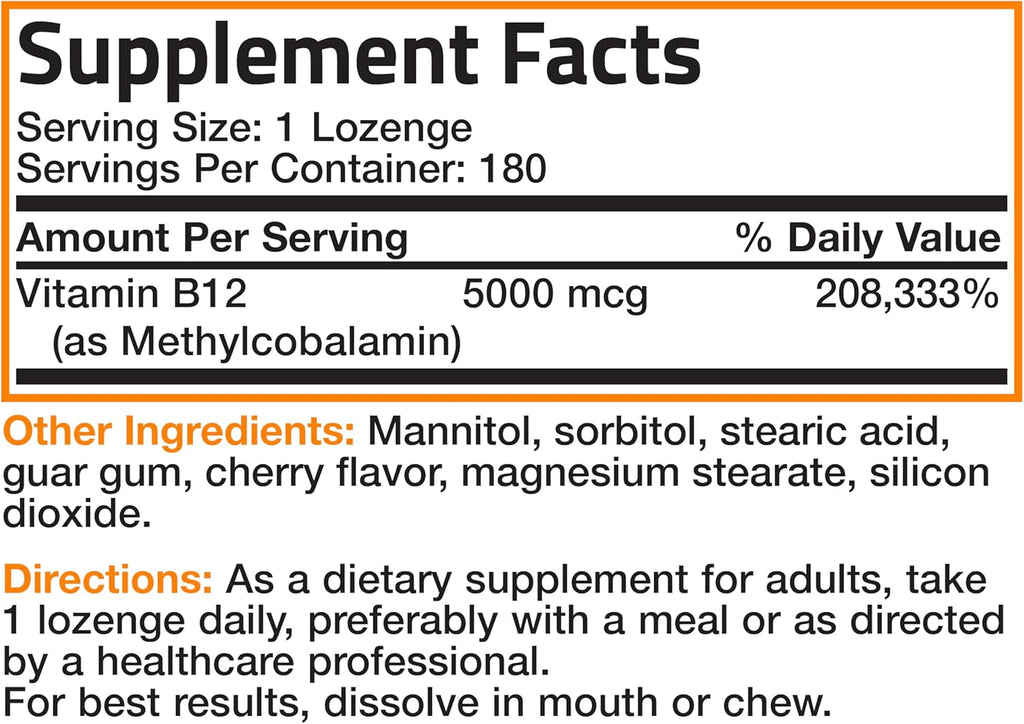 Bronson Methyl B12 5000 mcg Vitamin B12 Methylcobalamin Energy & Brain Support, 180 Lozenges