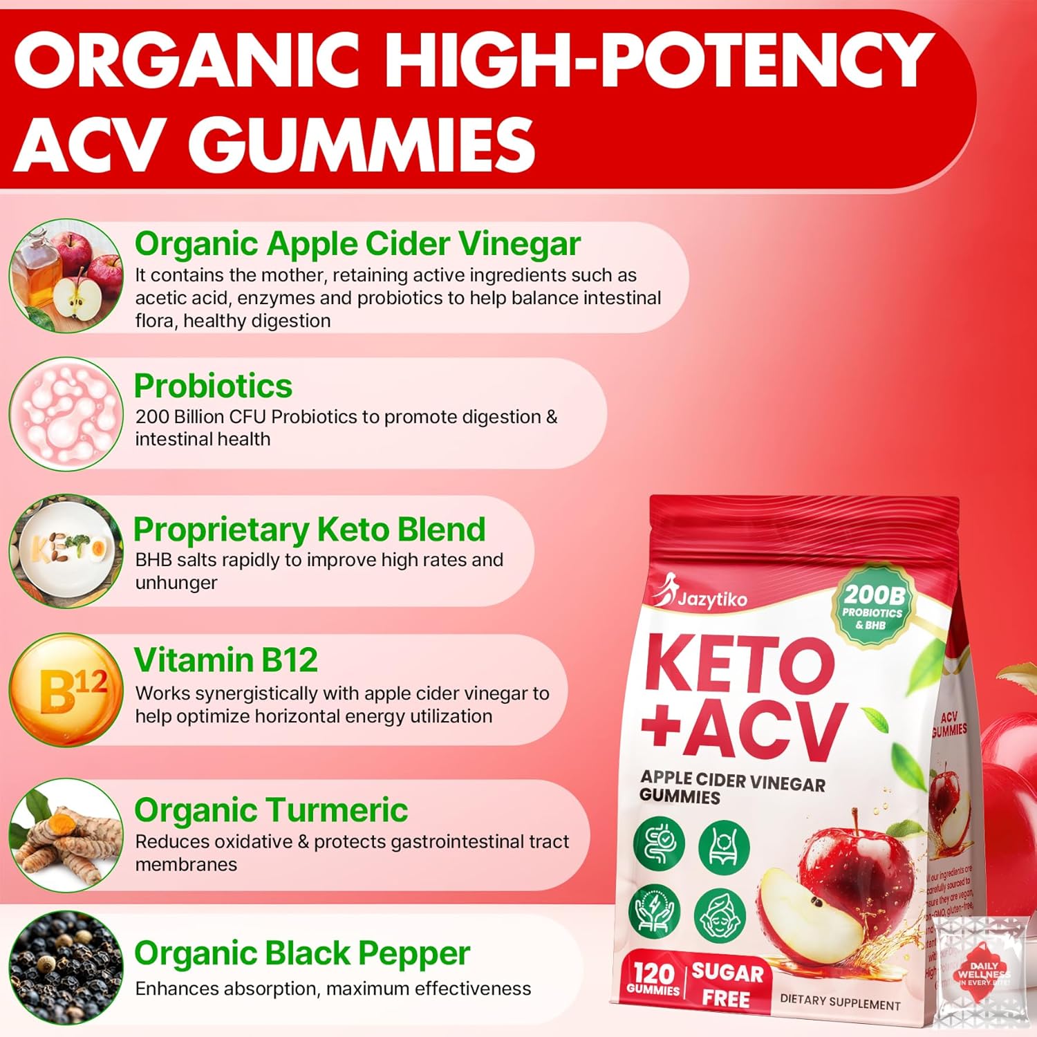 Apple Cider Vinegar Gummies, Advanced ACV Gummy with Probiotics, BHB, B12 and Keto Support - Keto Acv Gummies for Detox, Metabolism, Digestion, Gut & Immune Health - Sugar Free, Vegan, 120 Counts