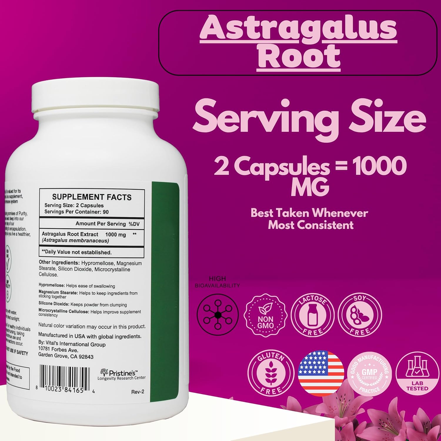 PRISTINE'S Astragalus Root Immune Support Supplement Capsules -1000mg 90 Day Supply Herbal Adaptogen - Healthy Aging, Heart & Lung Health