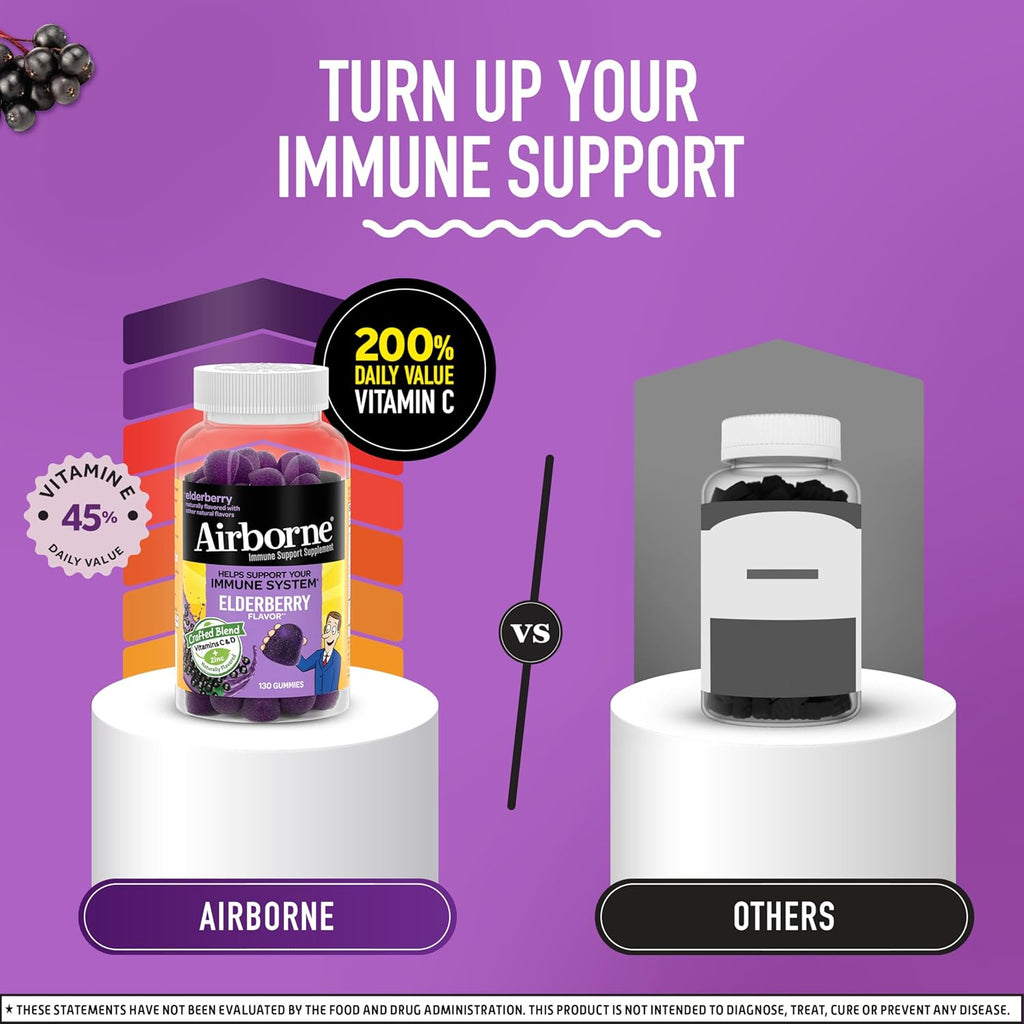 Airborne Elderberry + Zinc & Vitamin C Gummies for Adults, Immune Support with Antioxidants Vitamins C, D & E, 130 Count, Elderberry Flavor