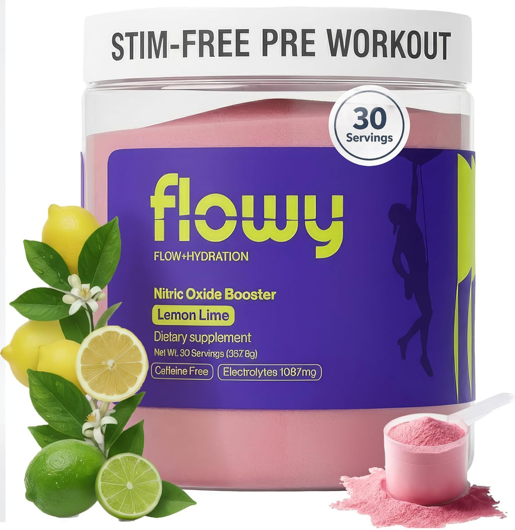 flowy Stim Free Pre Workout – Caffeine-Free Pump Supplement & Nitric Oxide Booster | L-Citrulline, All Natural Electrolytes for Hydration | Lemon Lime, 30 Servings