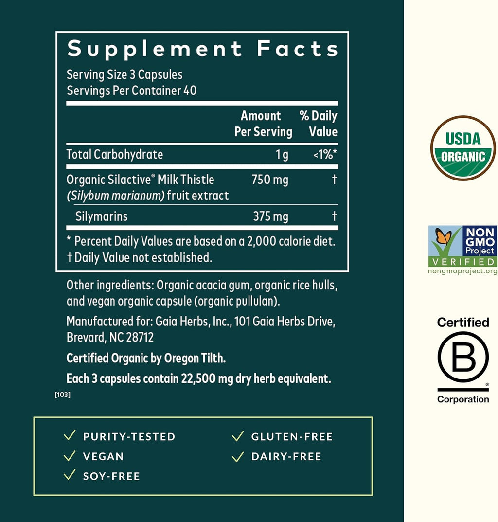 Gaia Herbs Milk Thistle - Liver Supplement & Cleanse Support for Maintaining Healthy Liver Function* - 120 Vegan Capsules (40-Day Supply)