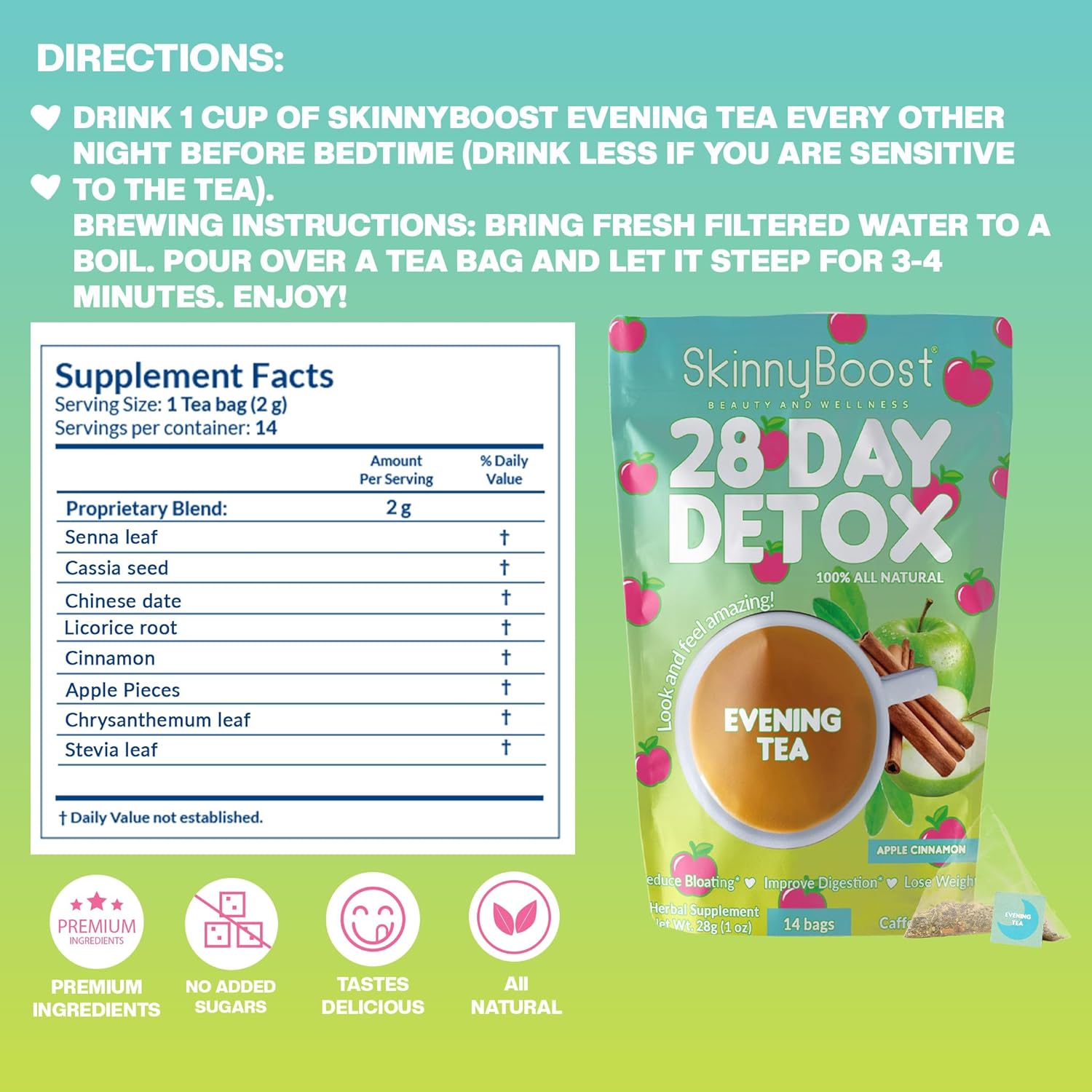 Skinny Boost Detox Tea Kit- 2 PACK –1 Daytime HIBISCUS (28 Bags) + 1 Evening APPLE CINNAMON-(14 Bags) – Herbal Detox for Energy, Bloating & Colon Cleanse – Green Tea, Vegan, Keto, Non-GMO, Sugar-Free