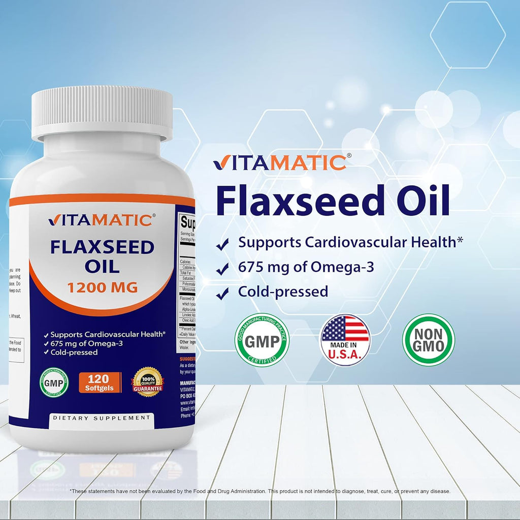 Vitamatic Flaxseed Oil 1200 mg – 120 Softgels Cold-Pressed Flaxseed Oil with 675 mg ALA Omega-3 – Supports Heart Health & Overall Wellness
