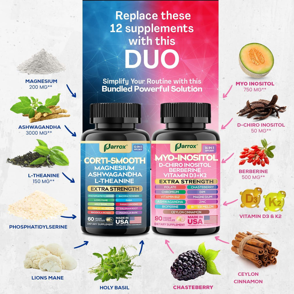 Cortisol & Myo-Inositol Supplement Bundle, Soothe & Smooth Bundle, Cortisol Balance, GABA, Magnesium, Ashwagandha, L-Theanine, D-Chiro Inositol, Folate, Berberine, Chasteberry, Zinc (2 Pack)