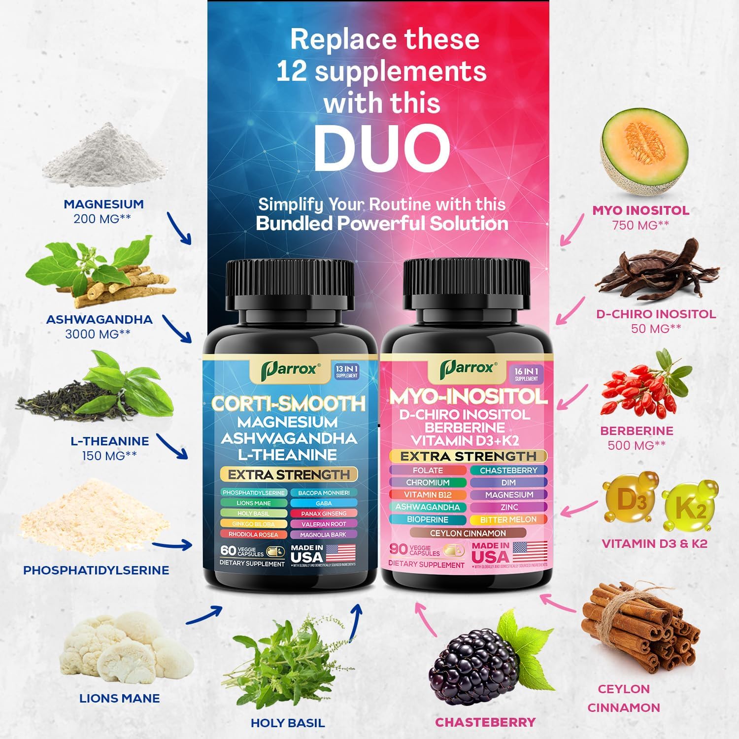 Cortisol & Myo-Inositol Supplement Bundle, Soothe & Smooth Bundle, Cortisol Balance, GABA, Magnesium, Ashwagandha, L-Theanine, D-Chiro Inositol, Folate, Berberine, Chasteberry, Zinc (3 Pack)