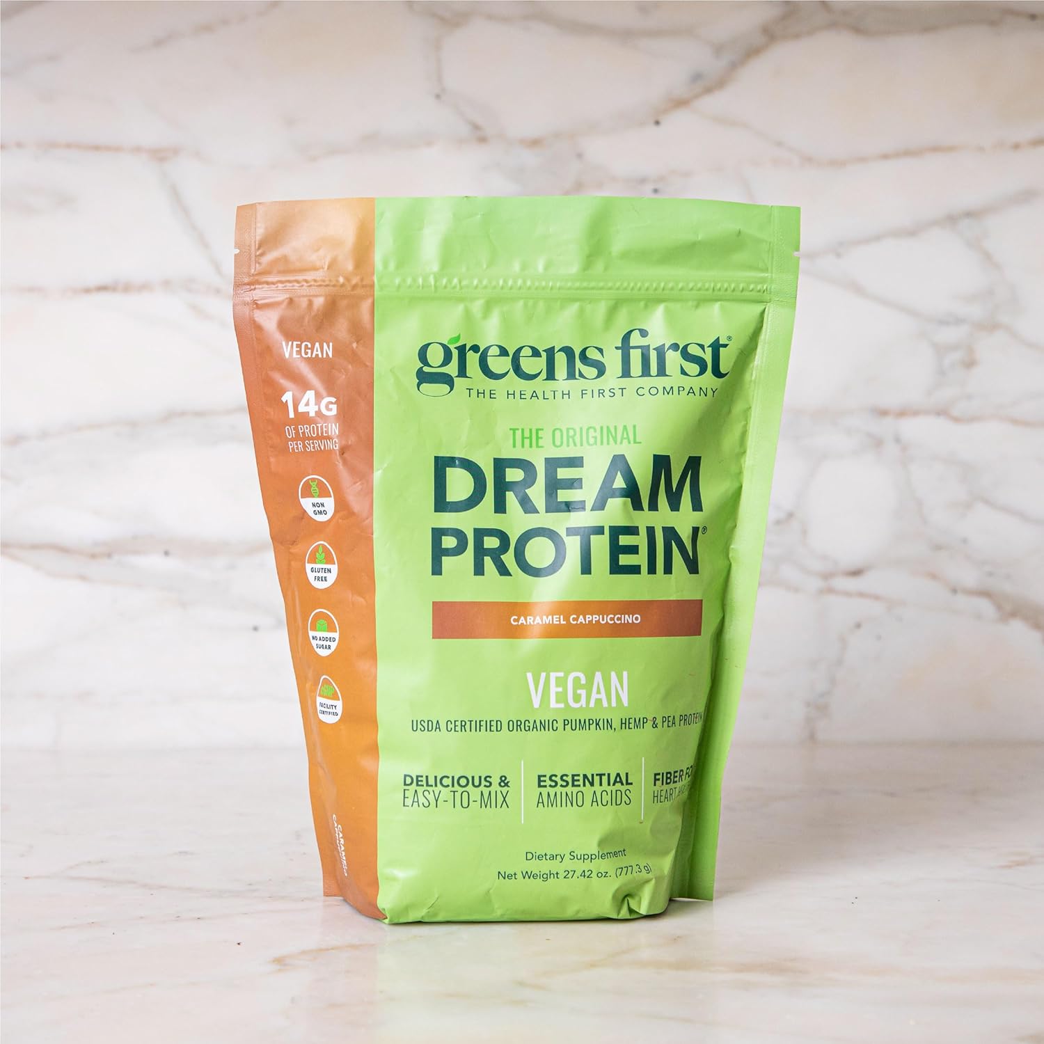 Greens First Dream Protein Plant-Based Vegan Powder - USDA Organic Pumpkin, Hemp & Pea Protein - Gluten-Free, Non-GMO, No Added Sugar (Caramel Cappuccino, 27.42 oz)