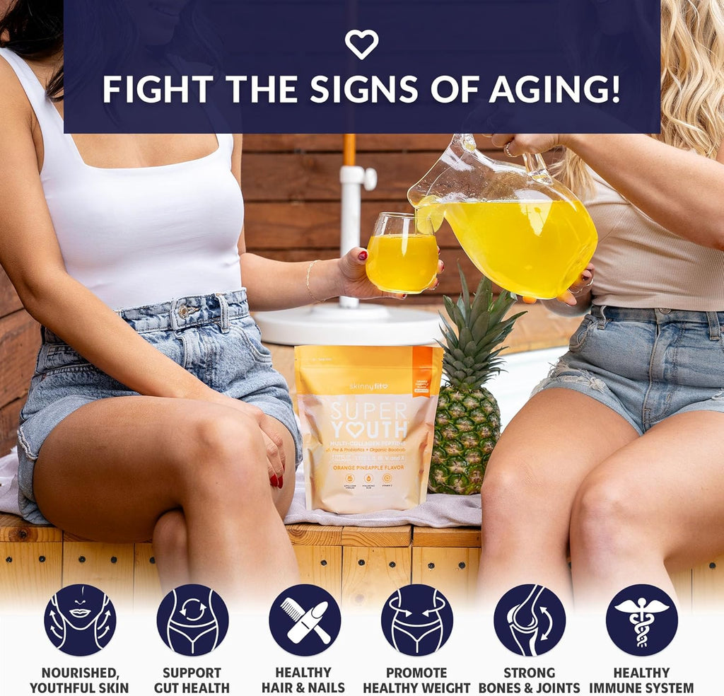 SkinnyFit - Super Youth Collagen for Women - Multi Collagen Peptides Powder - Probiotics, Fiber, Hyaluronic Acid - Non GMO, Gluten Free, Sugar Free - Beauty - Orange Pineapple (28 Servings)