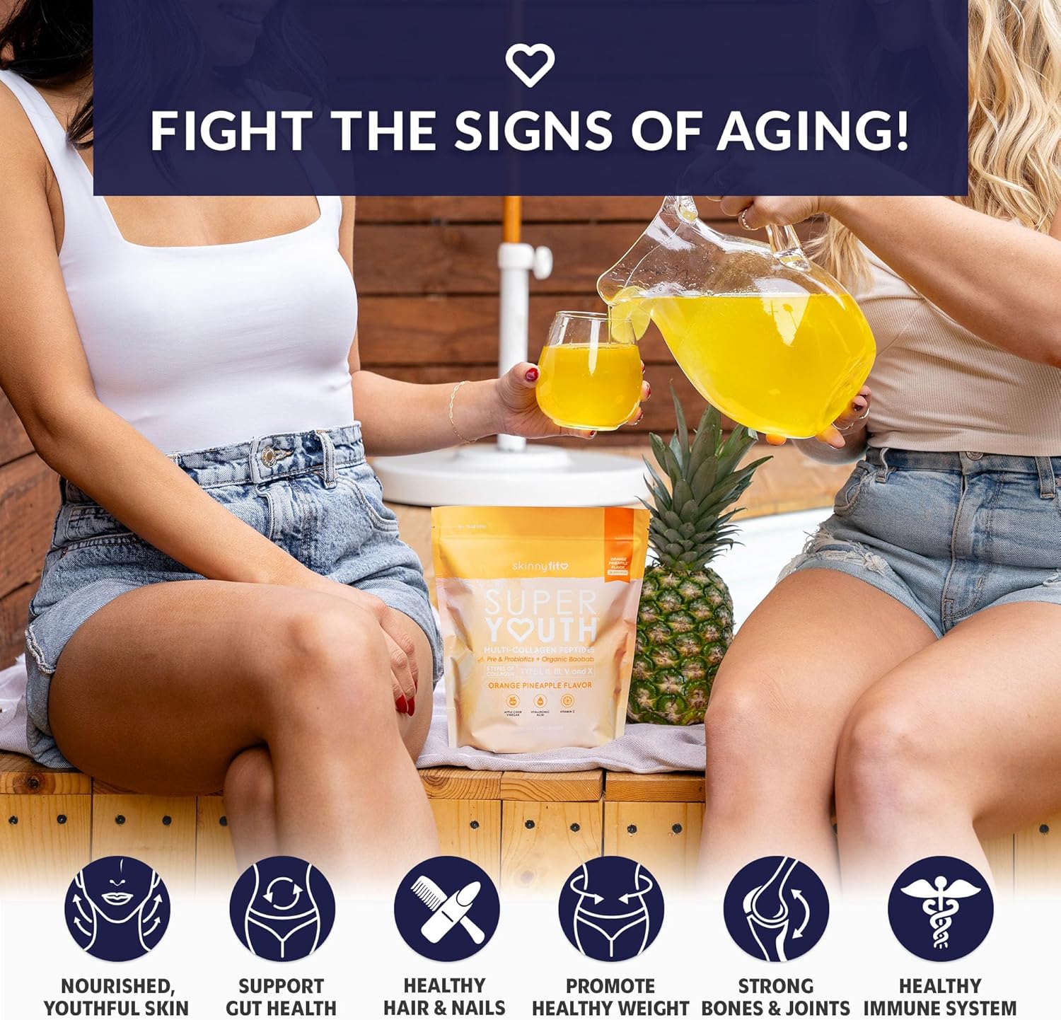 SkinnyFit - Super Youth Collagen for Women - Multi Collagen Peptides Powder - Probiotics, Fiber, Hyaluronic Acid - Non GMO, Gluten Free, Sugar Free - Beauty - Orange Pineapple (28 Servings)