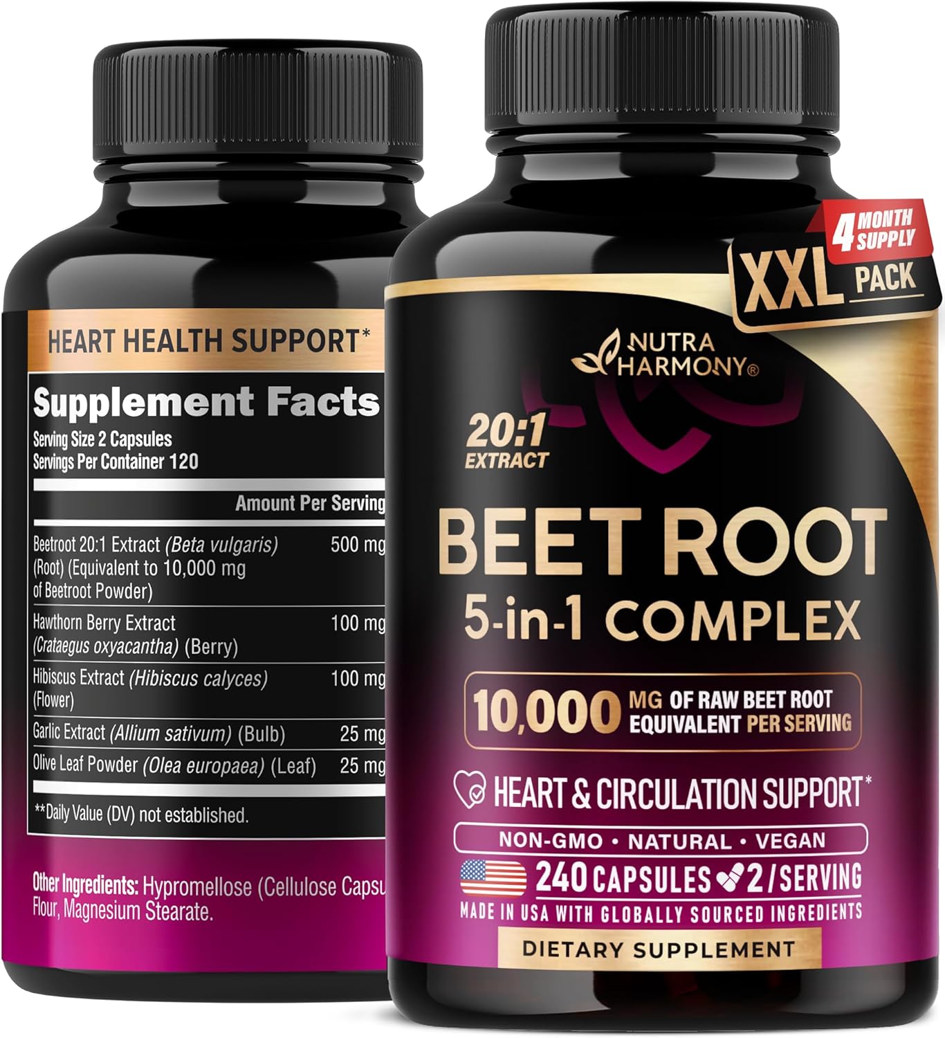 Beet Root Capsules - Healthy Blood Pressure Support Supplement** for Heart & Circulation Support - with Hawthorn Berry, Hibiscus & Garlic - Nitric Oxide for Energy - Made in USA, 240 Capsules