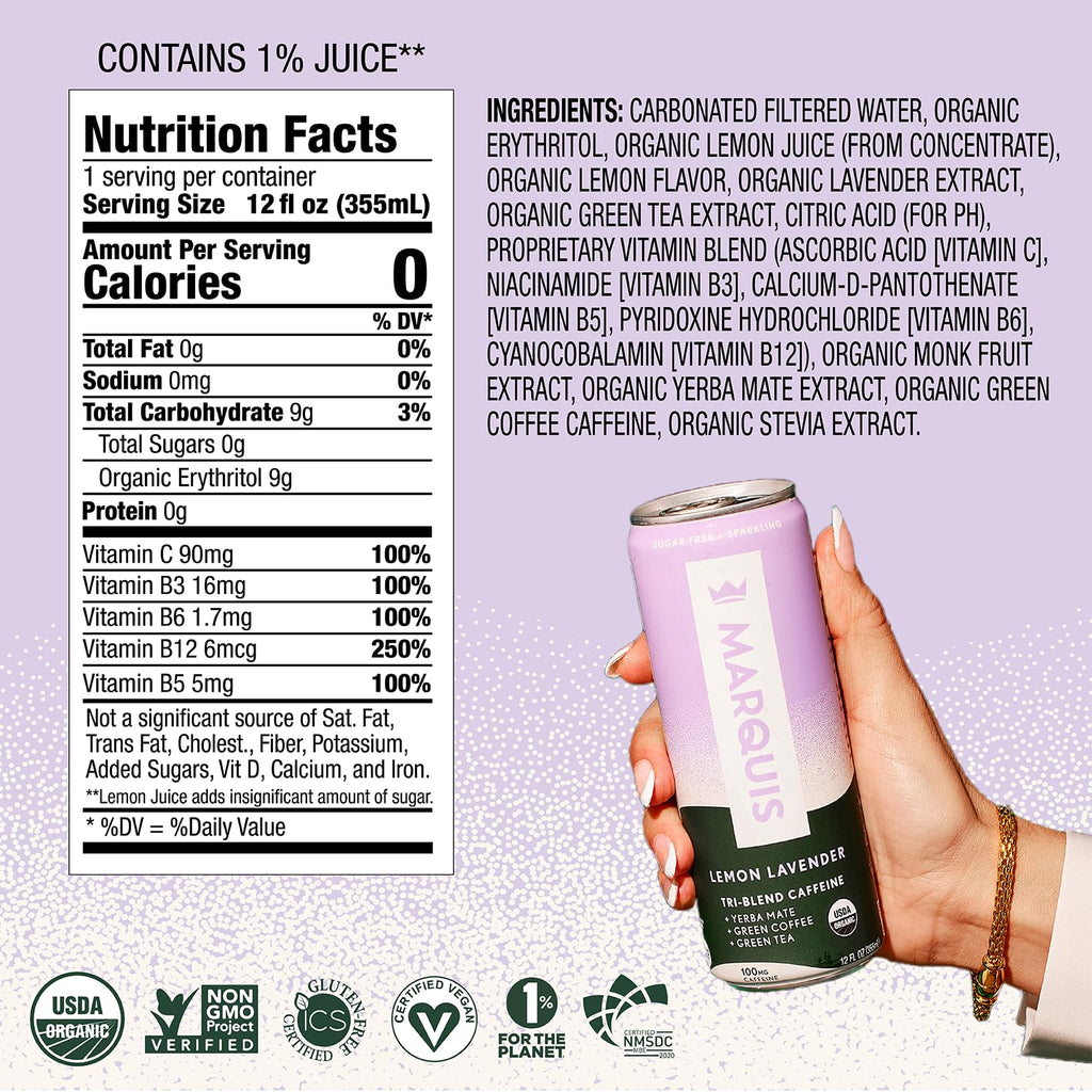 Marquis - Natural Energy Drink - Lemon Lavender - Sugar Free - 0 Calories - 100mg of Organic Plant Based Caffeine - Yerba Mate - Green Tea - Vitamin C & B Vitamins - Vegan - 12 oz Cans - 12 Pack