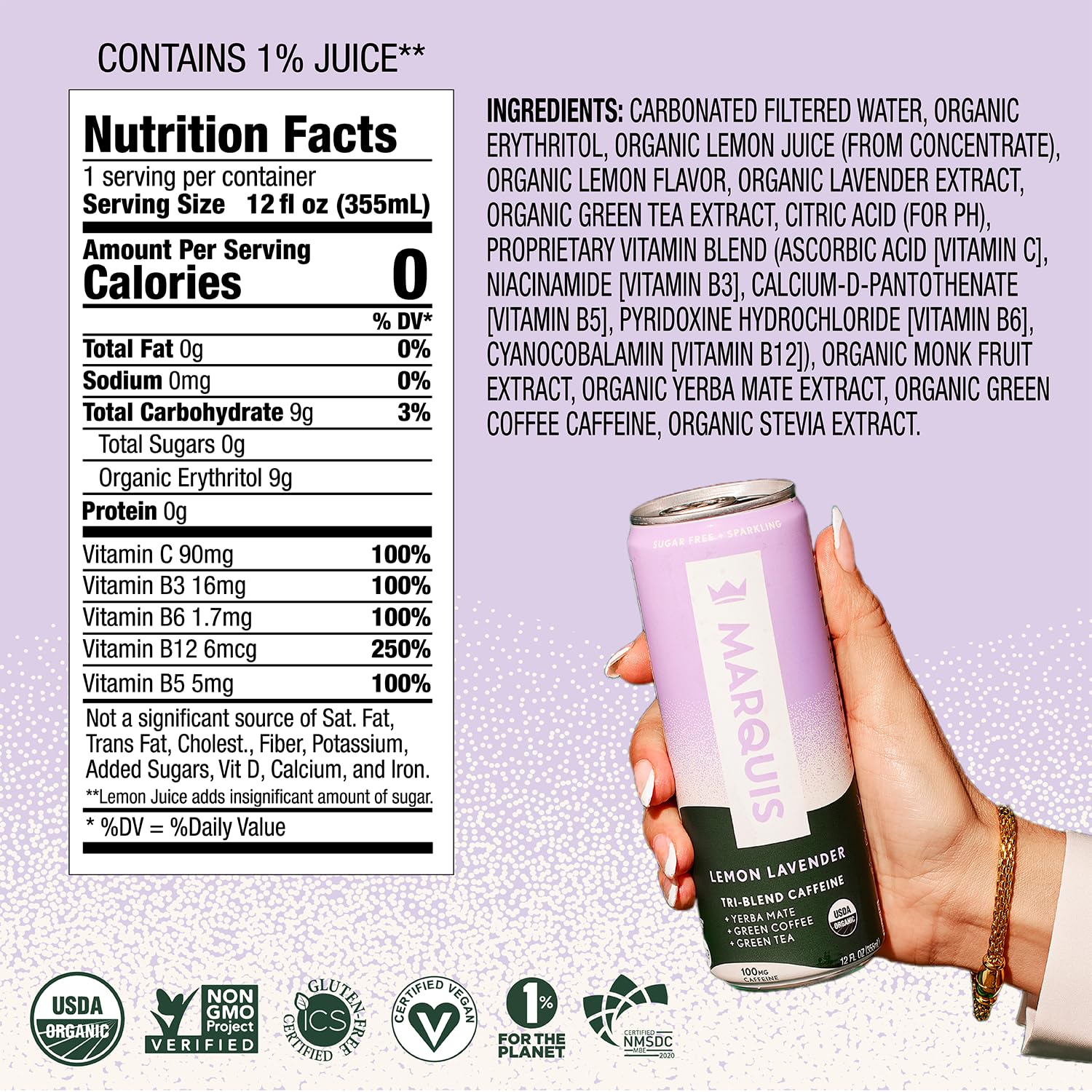 Marquis - Natural Energy Drink - Lemon Lavender - Sugar Free - 0 Calories - 100mg of Organic Plant Based Caffeine - Yerba Mate - Green Tea - Vitamin C & B Vitamins - Vegan - 12 oz Cans - 12 Pack