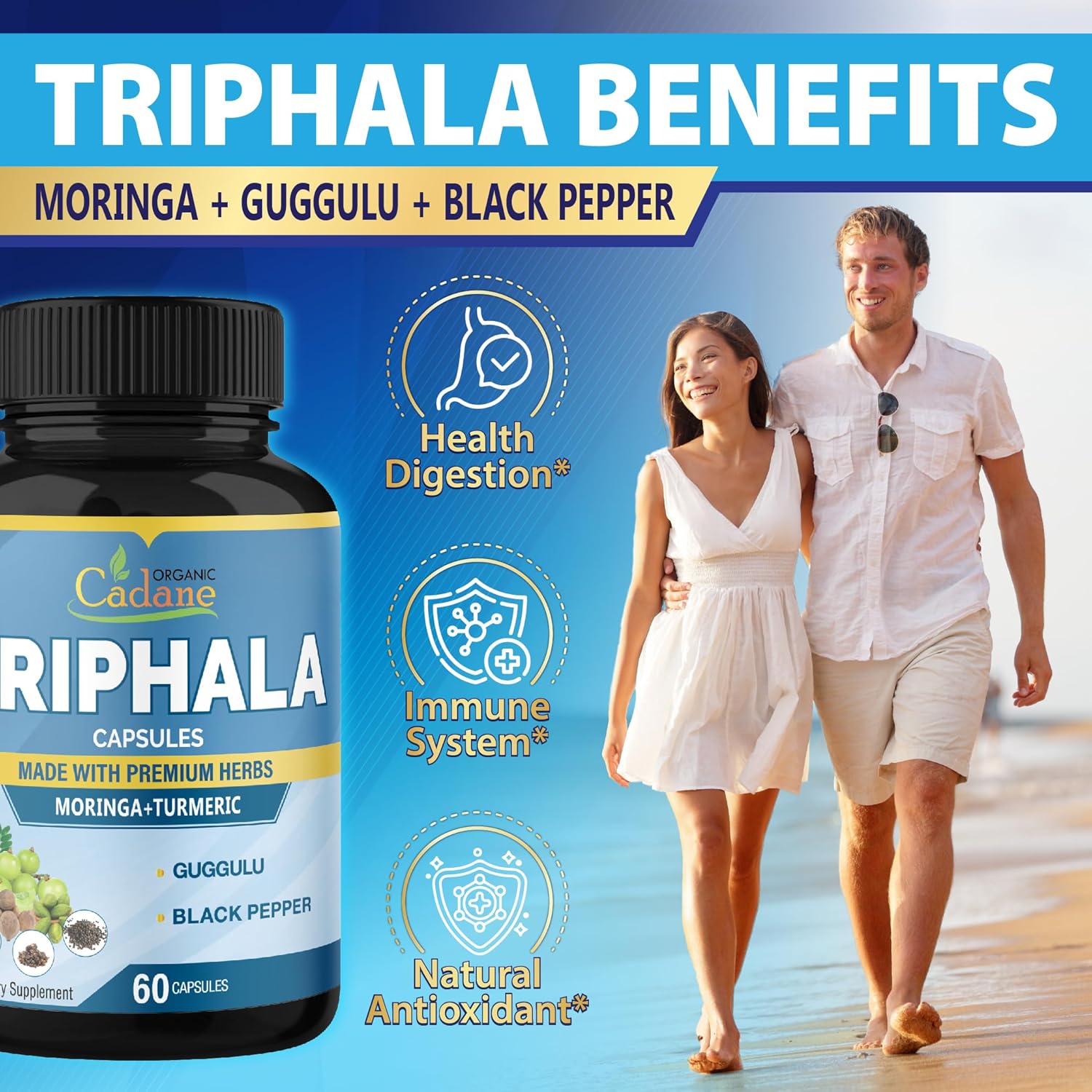 Organic Cadane Triphala Extract Capsules & Turmeric, Guggul, Ginger, Black Pepper, Moringa - Complex Supplement Herbs