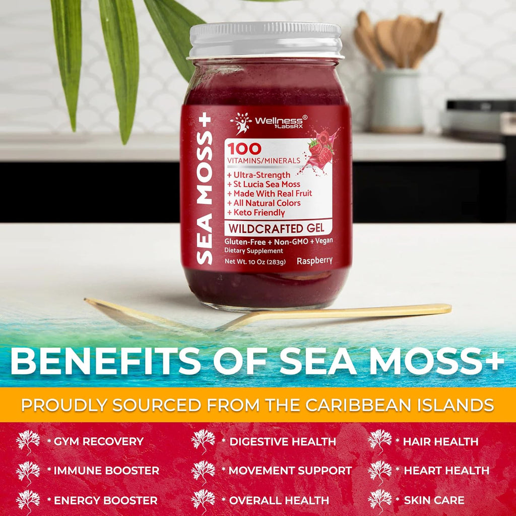 Irish Sea Moss Gel Raw - Wildcrafted Superfood Seamoss Gel - Raspberry Flavor, Vitamin and Mineral-Rich from Pristine Caribbean Waters, Immune and Digestive Health Support - 10 oz.