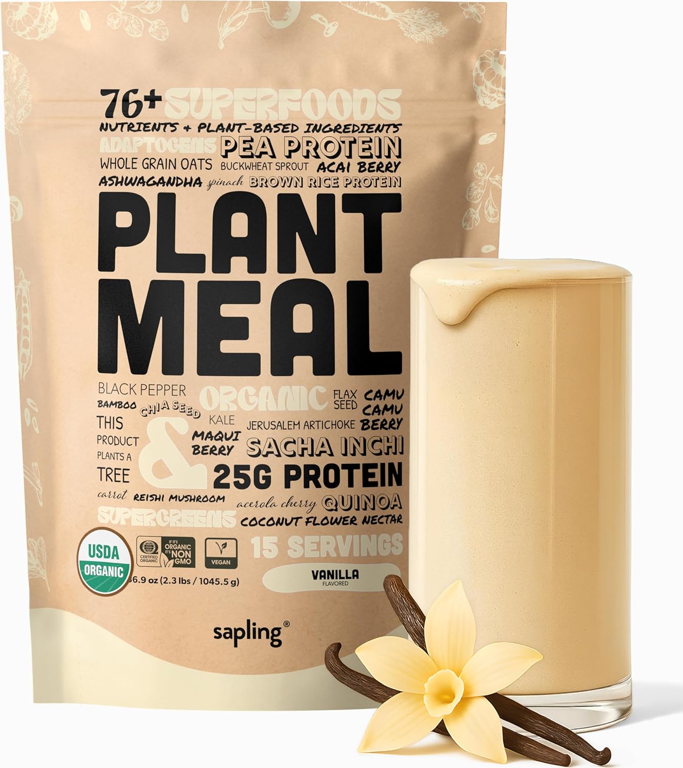 Plant Meal Replacement Shake - Vanilla - 25g of Plant Based Vegan Protein Powder, 76+ Organic Superfoods, Vitamins & Minerals, Mushrooms, Super Greens, Digestive Enzymes & Probiotics - 15 Servings
