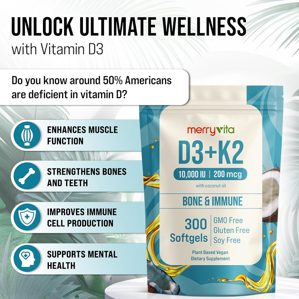 Vitamin D3 K2 300 Softgels – 10000 IU & 200 MCG K2 MK7 – Plant-Based, Vegan, Non-GMO, Gluten-Free – Coconut Oil – Immune, Bone & Muscle Support – D3 con K2 vitamina Supplement