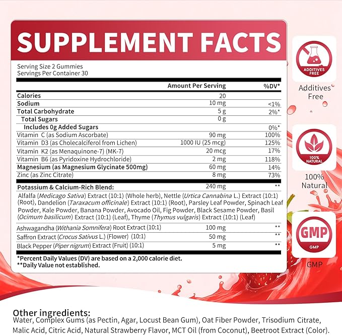 2 Pack Potassium Magnesium Gummies, Sugar Free Potassium Supplement Magnesium Glycinate 500mg, Ashwagandha, Vitamins D3, C, B6, Calcium & Zinc for Sleep, Leg Cramps & Muscle Relaxation-120 Count