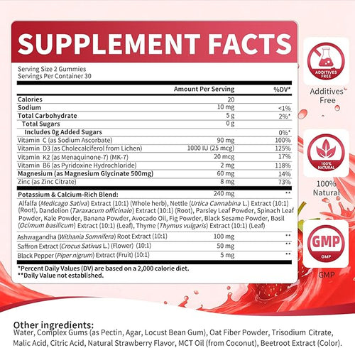 2 Pack Potassium Magnesium Gummies, Sugar Free Potassium Supplement Magnesium Glycinate 500mg, Ashwagandha, Vitamins D3, C, B6, Calcium & Zinc for Sleep, Leg Cramps & Muscle Relaxation-120 Count
