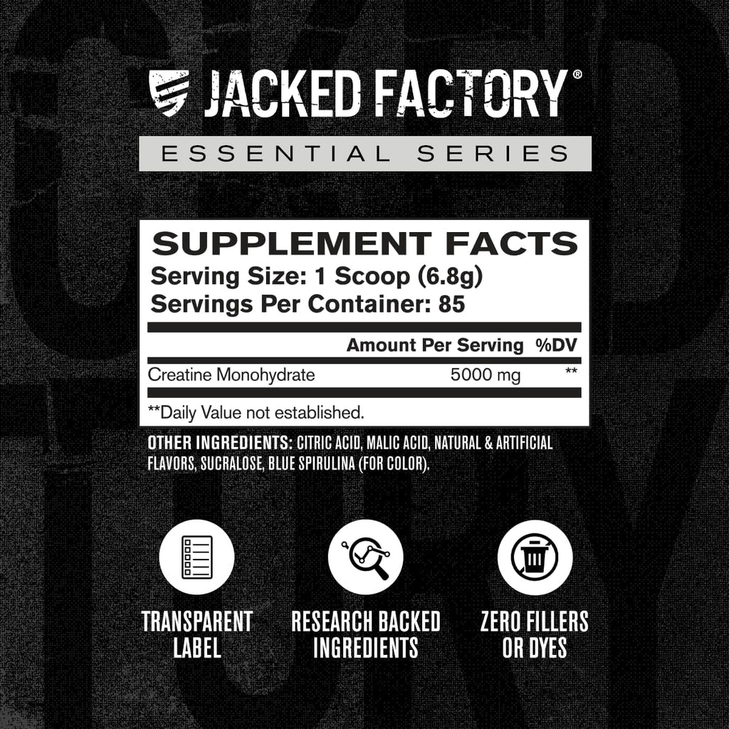 Jacked Factory Creatine Monohydrate Powder 425g - 5g Daily Creatine Supplement for Men and Women, Vegan-Friendly, Third-Party Tested - 85 Servings, Blue Raspberry