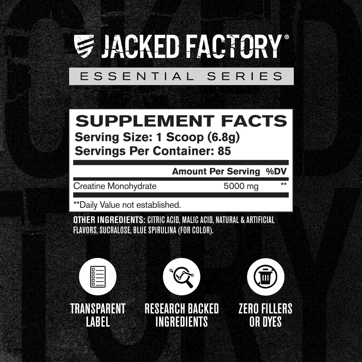 Jacked Factory Creatine Monohydrate Powder 425g - 5g Daily Creatine Supplement for Men and Women, Vegan-Friendly, Third-Party Tested - 85 Servings, Blue Raspberry